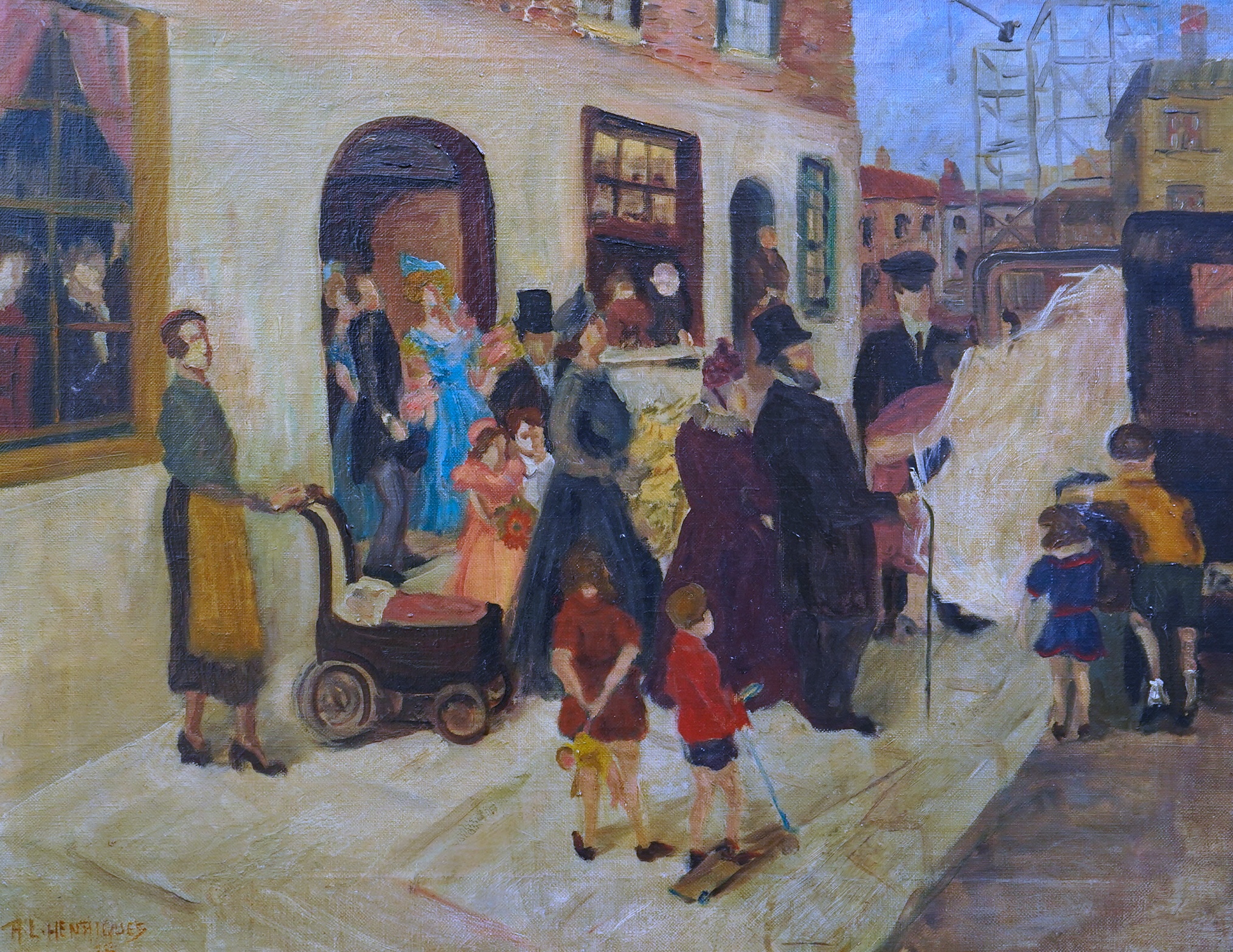 Attributed to Rose Henriques (1889-1972), oil on canvas, ‘Wedding procession’, signed and indistinctly dated, The Settlement, Berner Street label verso, 52 x 67cm. Condition - good